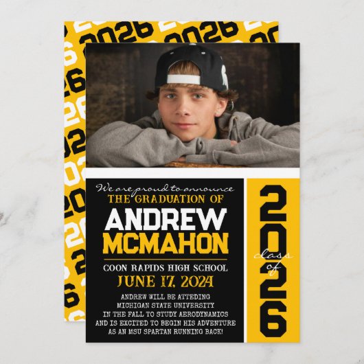 ブラック&金ゴールドモダンの卒業写真のお知らせ 招待状 (正面/裏面)