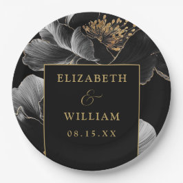 ブラック&金ゴールドモダンエレガントシ結婚ック ペーパープレート