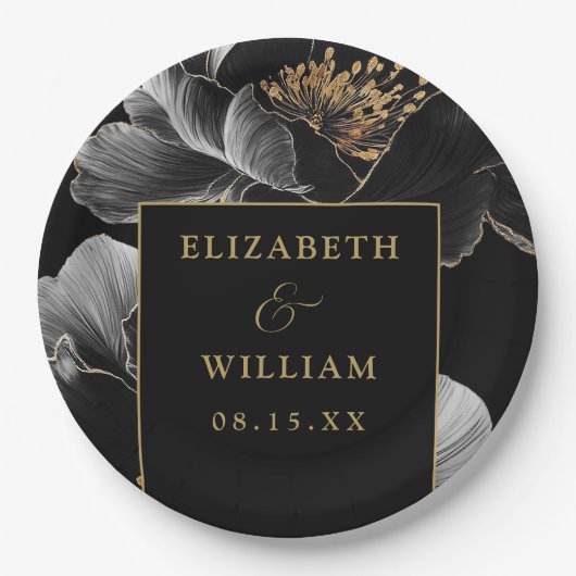 ブラック&金ゴールドモダンエレガントシ結婚ック ペーパープレート (正面)