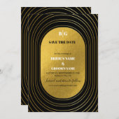 ブラック&金ゴールドモダンミニマリスト結婚アーチズ セーブザデート (正面/裏面)