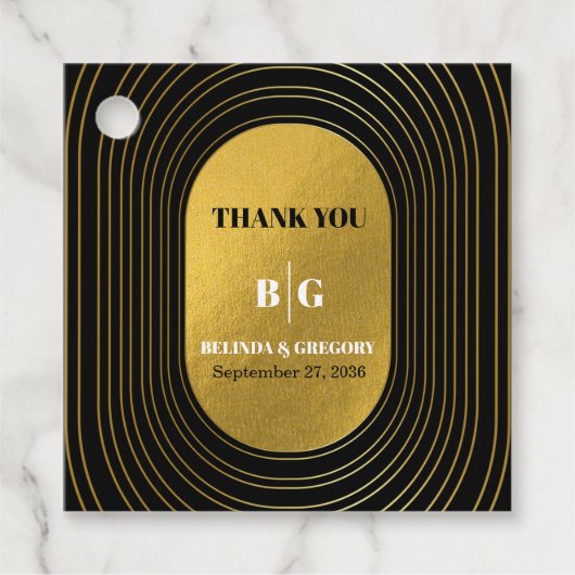 ブラック&金ゴールドモダンミニマリスト結婚アーチズ フェイバータグ (正面)