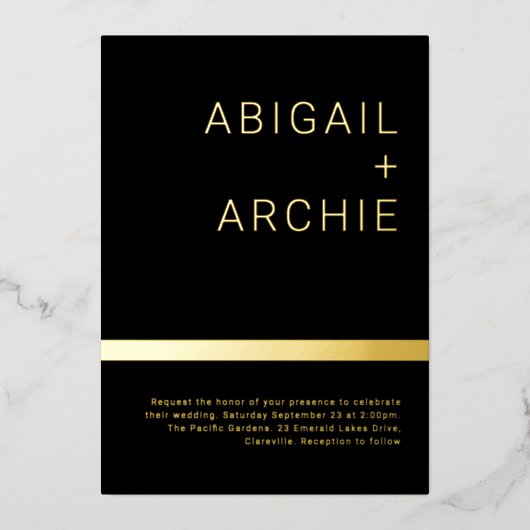 ブラック&金ゴールドモダンミニマリスト結婚ズゴールデン 箔招待状 (正面)