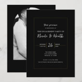 ブラック&金ゴールドモダンミニマルエレガント婚約 招待状 (正面/裏面)