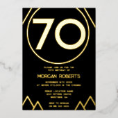 ブラック&金ゴールドモダンメンズまたは女性70誕生日 箔招待状 (正面)