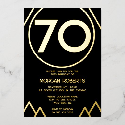 ブラック&金ゴールドモダンメンズまたは女性70誕生日 箔招待状 (正面)