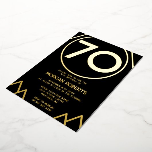 ブラック&金ゴールドモダンメンズまたは女性70誕生日 箔招待状 (回転した状態)