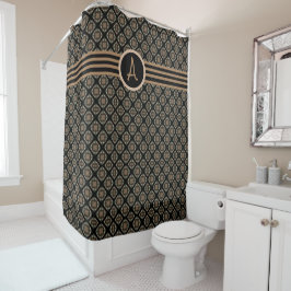ブラック&金ゴールドモダンモノグラクラシックムパターン シャワーカーテン