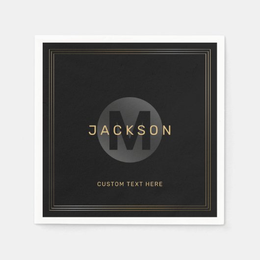 ブラック&金ゴールドモダンモノグラパーソナライズされたム スタンダードカクテルナプキン (正面)