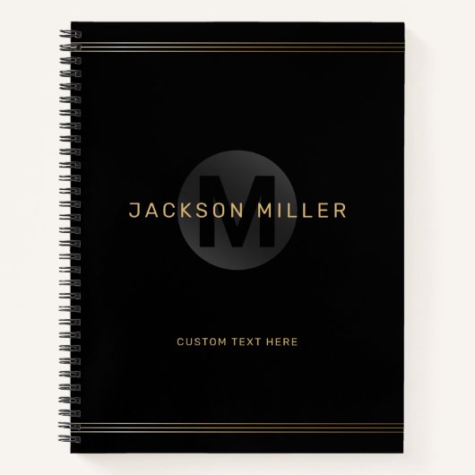 ブラック&金ゴールドモダン・シンプルモノパーソナライズされたグラム ノートブック (正面)