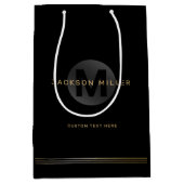 ブラック&金ゴールドモダン・シンプルモノパーソナライズされたグラム ミディアムペーパーバッグ (正面)