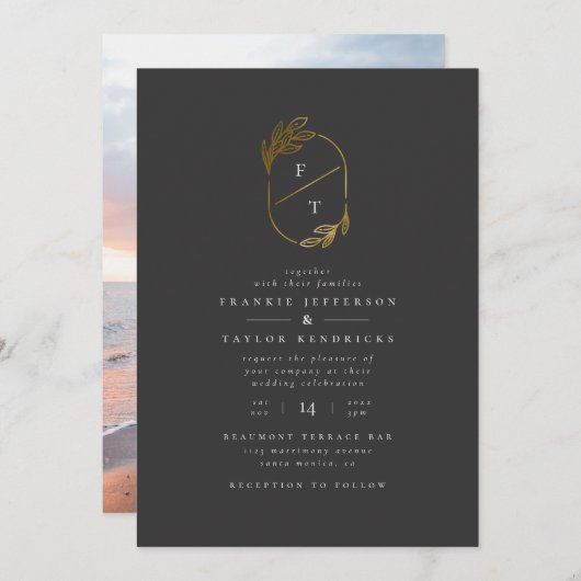 ブラック&金ゴールドモノグラム | ミニマ結婚リストの写真 招待状 (正面/裏面)