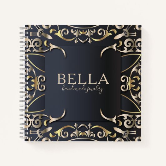 ブラック&金ゴールドラグジュアリーシックバロックのビジネス名 ノートブック (正面)