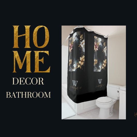 ブラック&金ゴールドラグジュアリーフローラマーブルスワール シャワーカーテン