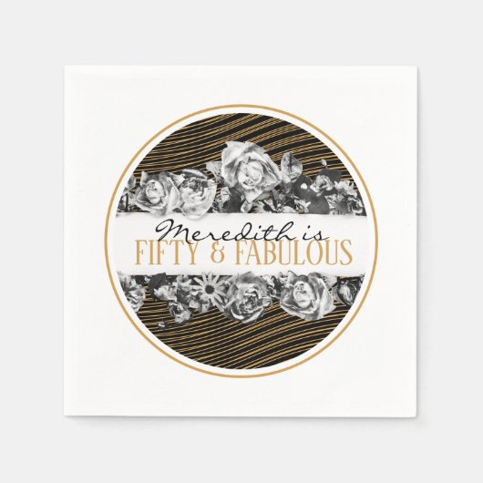 ブラック&金ゴールドラグジュアリー50パーソナライズされたと素晴らしい スタンダードカクテルナプキン (正面)