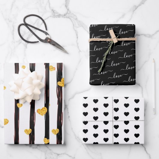 ブラック&金ゴールドラブハートバレンタイン ラッピングペーパーシート (正面)