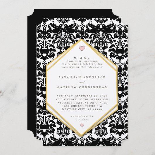 ブラック&金ゴールドラブバードヴィンテージダマスクウェディング 招待状 (正面/裏面)