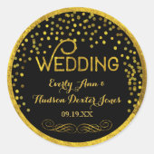 ブラック&金ゴールドランダムドモダンット結婚ズ ラウンドシール (正面)