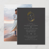 ブラック&金ゴールドリーフモノグラム|モダン写結婚真 インビテーションポストカード (正面/裏面)
