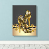 ブラック&金ゴールドレオパードハイヒールシューズブティック キャンバスプリント (インサイチュ (ウッドフロア))