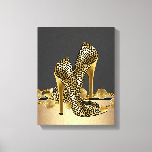 ブラック&金ゴールドレオパードハイヒールシューズブティック キャンバスプリント (正面)