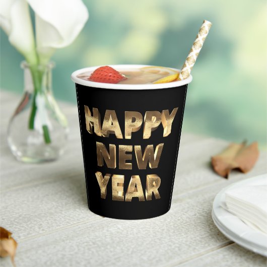 ブラック&金ゴールドレタリングハッピーニューイヤー 紙コップ (インサイチュ)