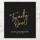 ブラック&金ゴールドレタリング21歳の誕生日パーティー ワインラベル (シングルラベル)
