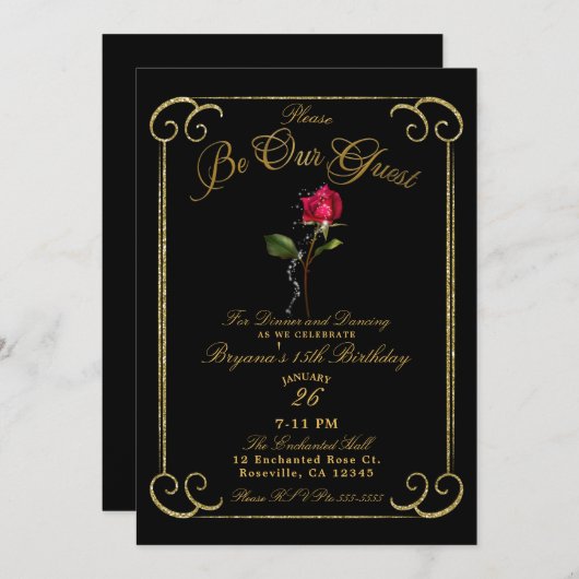 ブラック&金ゴールドレッドローズ美しいスウィート16誕生日 招待状 (正面/裏面)