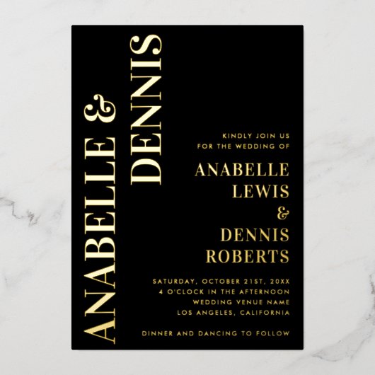 ブラック&金ゴールドレトロフォントミニマ結婚リスト実在ズ 箔招待状 (正面)
