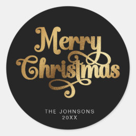 ブラック&金ゴールドレトロメリークリスマススクリプトカスタム ラウンドシール