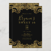 ブラック&金ゴールドレースエレガントスウィート16パーティー 招待状 (正面/裏面)