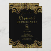 ブラック&金ゴールドレースキエレガントンセアニラパーティー 招待状 (正面/裏面)