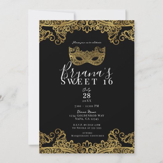 ブラック&金ゴールドレースマスカレードスウィート16パーティー 招待状 (正面)