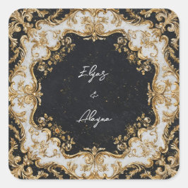 ブラック&金ゴールドロコフレーム結婚ズステッカー スクエアシール