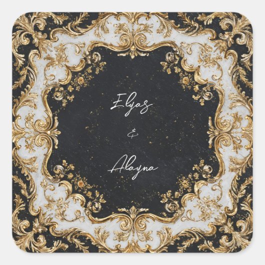 ブラック&金ゴールドロコフレーム結婚ズステッカー スクエアシール (正面)