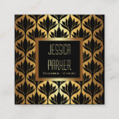 ブラック&金ゴールドロータスフラワーズスクエアビジネスカード スクエア名刺 (正面)