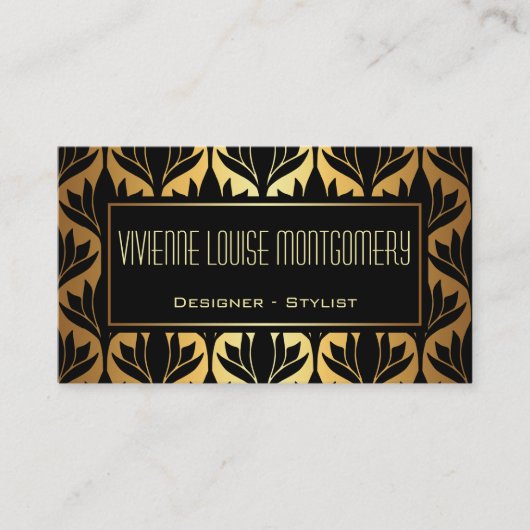 ブラック&金ゴールドロータスモダンパタン名刺 名刺 (正面)