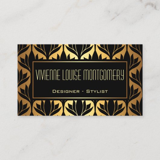 ブラック&金ゴールドロータスモダンパタン名刺 名刺 (正面)