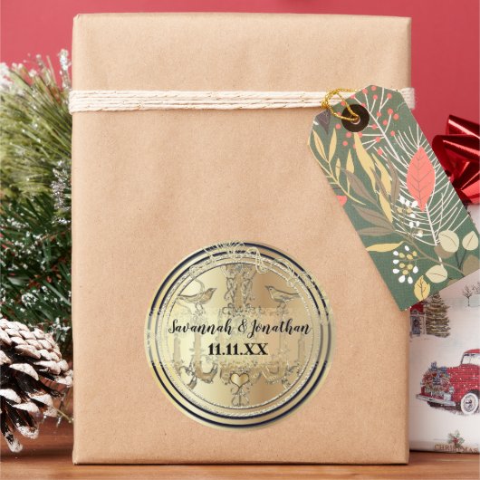 ブラック&金ゴールドヴィンテージシャンデリアラブバード結婚ズ ラウンドシール (クリスマス)