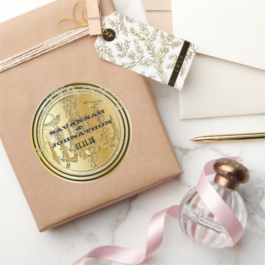 ブラック&金ゴールドヴィンテージシャンデリアラブバード結婚ズ ラウンドシール (ギフト)