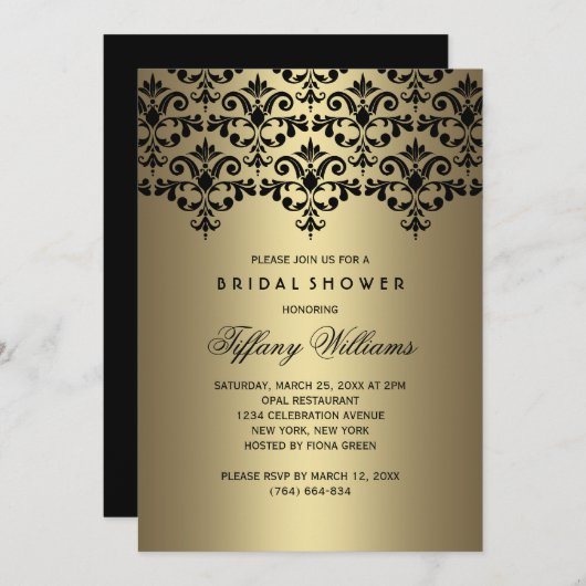 ブラック&金ゴールドヴィンテージダマスクブライダルシャワー招待状 招待状 (正面/裏面)