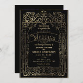 ブラック&金ゴールドヴィンテージビクトリアンデコ結婚ズ 招待状 (正面/裏面)
