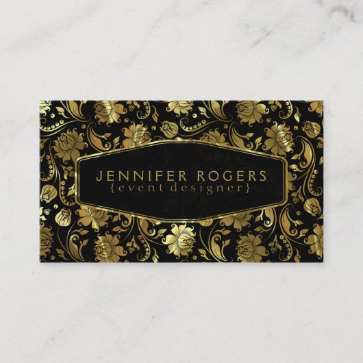 ブラック&金ゴールドヴィンテージフローラダマスク2c 名刺 (正面)