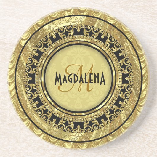 ブラック&金ゴールドヴィンテージフローラダマスク – モノグラム コースター (正面)