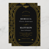 ブラック&金ゴールドヴィンテージモダンデコジオメト結婚ス 招待状 (正面/裏面)