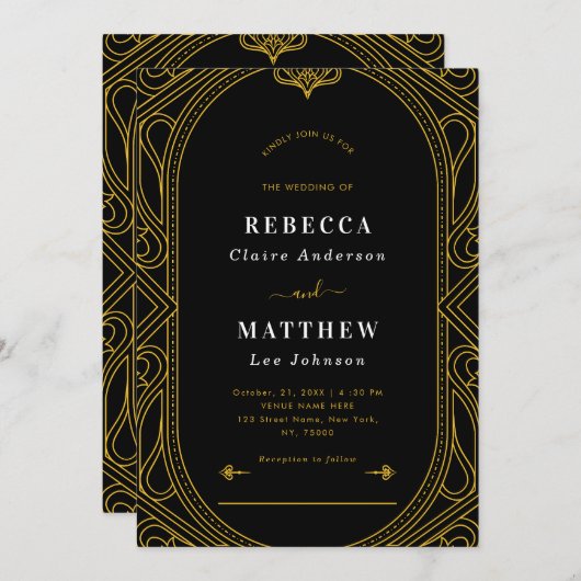 ブラック&金ゴールドヴィンテージモダンデコジオメト結婚ス 招待状 (正面/裏面)