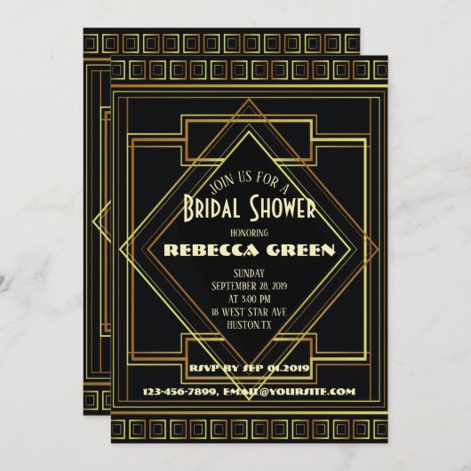 ブラック&金ゴールドヴィンテージ素晴らしギャツビーブライダルシャワー 招待状 (正面/裏面)