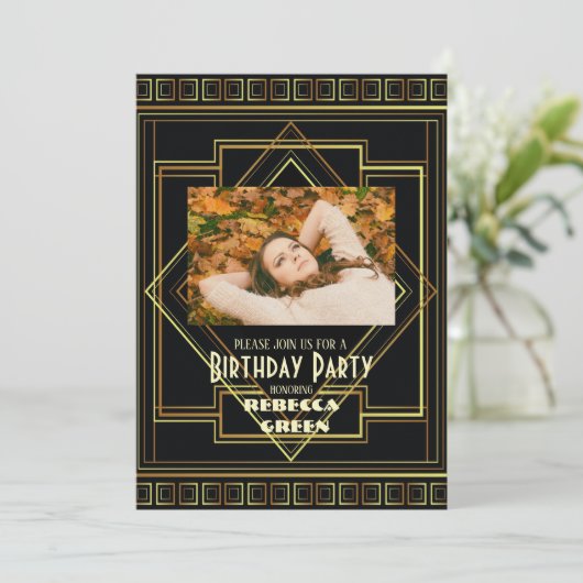 ブラック&金ゴールドヴィンテージ素晴らしギャツビー誕生日パーティー 招待状 (スタンド正面)