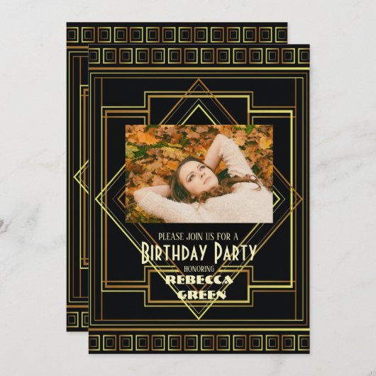 ブラック&金ゴールドヴィンテージ素晴らしギャツビー誕生日パーティー 招待状 (正面/裏面)