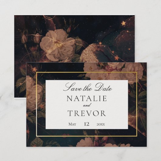 ブラック&金ゴールドヴィンテージGlamフローラ救デートカード (正面/裏面)