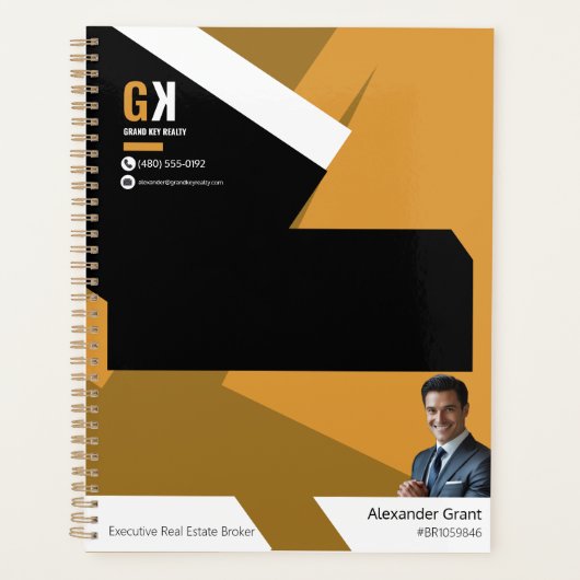 ブラック&金ゴールド不動産仲介業者デザイン、実在エステートエージェント プランナー手帳 (正面)